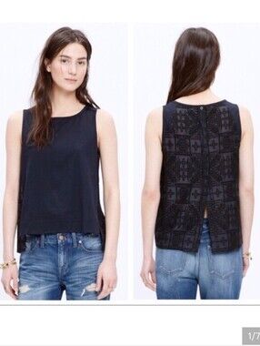 RARE! Madewell Silk Blend Embroidered Split Back Top In Navy